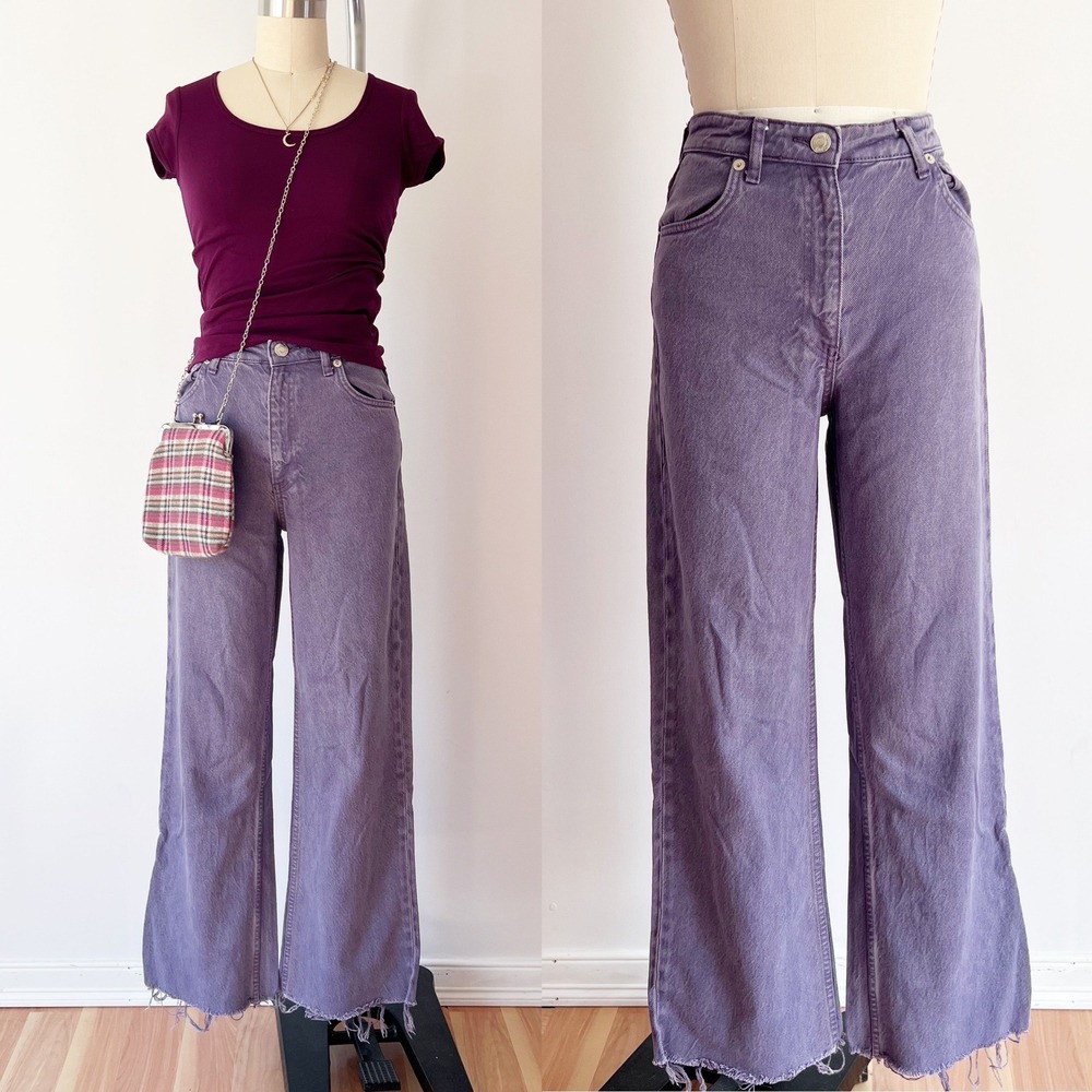 Zara Wide Leg Jeans Lilac Purple High‎ Waisted Raw Hem Funky Spring Size 4